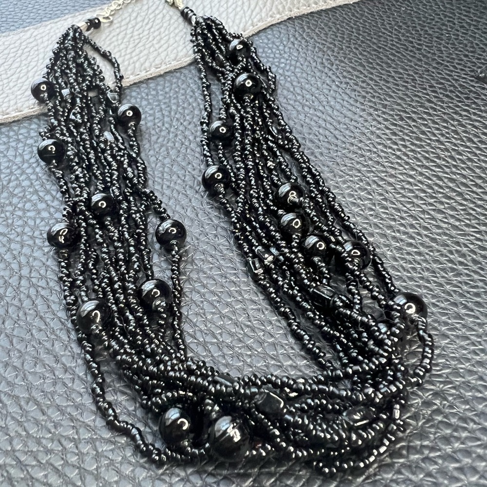 Vintage 10- Strand Black Onyx Beaded Necklace 16”